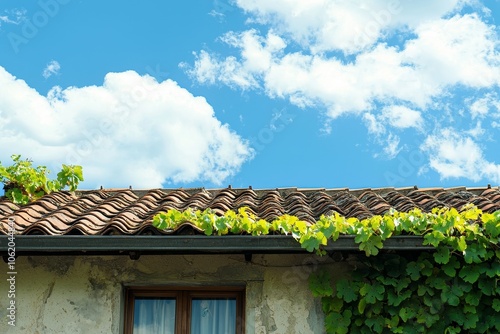 An outdoor view of a rain gutter system with a drainpipe on a house, from a low angle