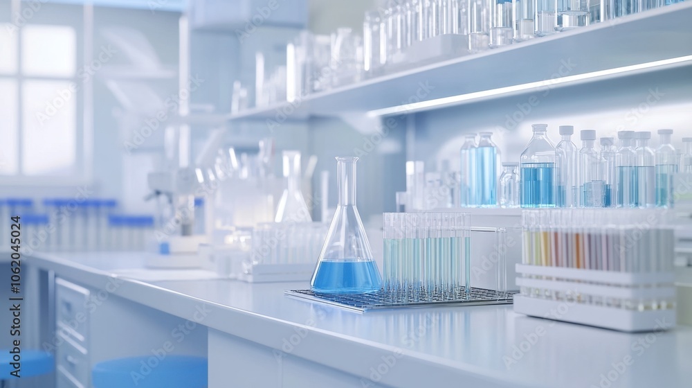 Realistic chemical lab counter with flasks, pipettes, and test tube racks, capturing a sterile scientific environment Realistic chemical lab counter with flasks, pipettes, and test tube racks, capturing a sterile scientific environment