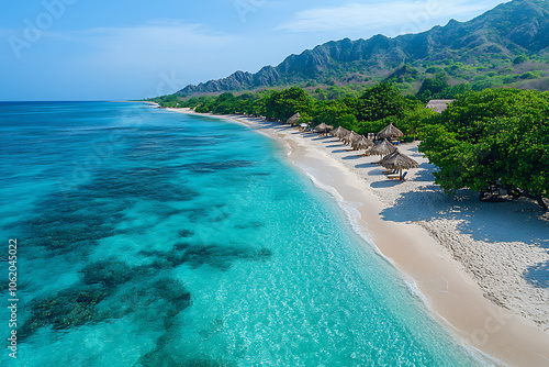 Aerial drone view capturing a sandy beach and turquoise ocean water, creating a stunning contrast in a tropical paradise with a serene coastal atmosphere. 