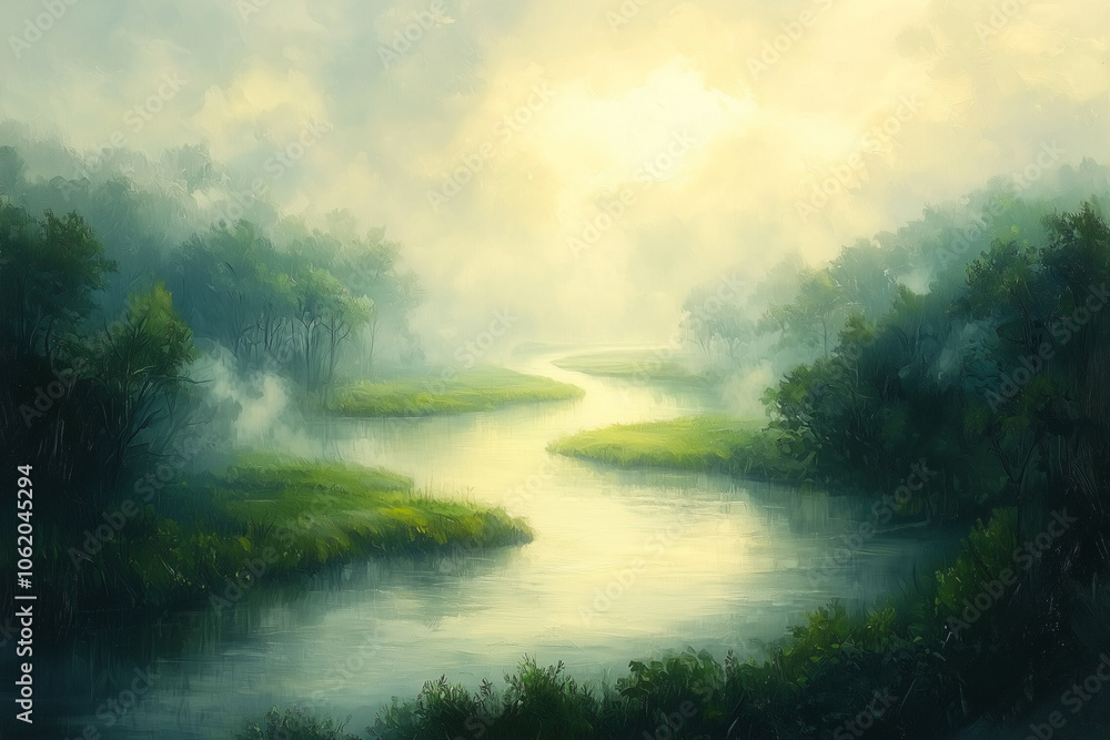 misty sunrise over a meandering river through lush meadows under a golden sky misty sunrise over a meandering river through lush meadows under a golden sky