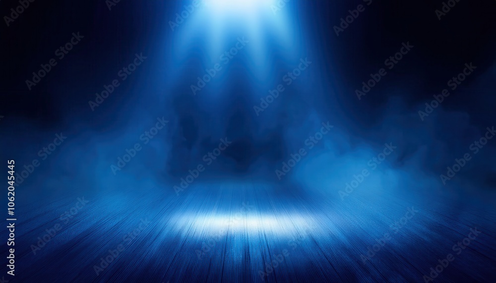 Fototapeta premium Empty Stage Illuminated by Dramatic Blue Spotlight with Mist and Shadows, Creating a Moody and Mysterious Ambiance for Theater Performances, Presentations, and Inspirational Backgrounds