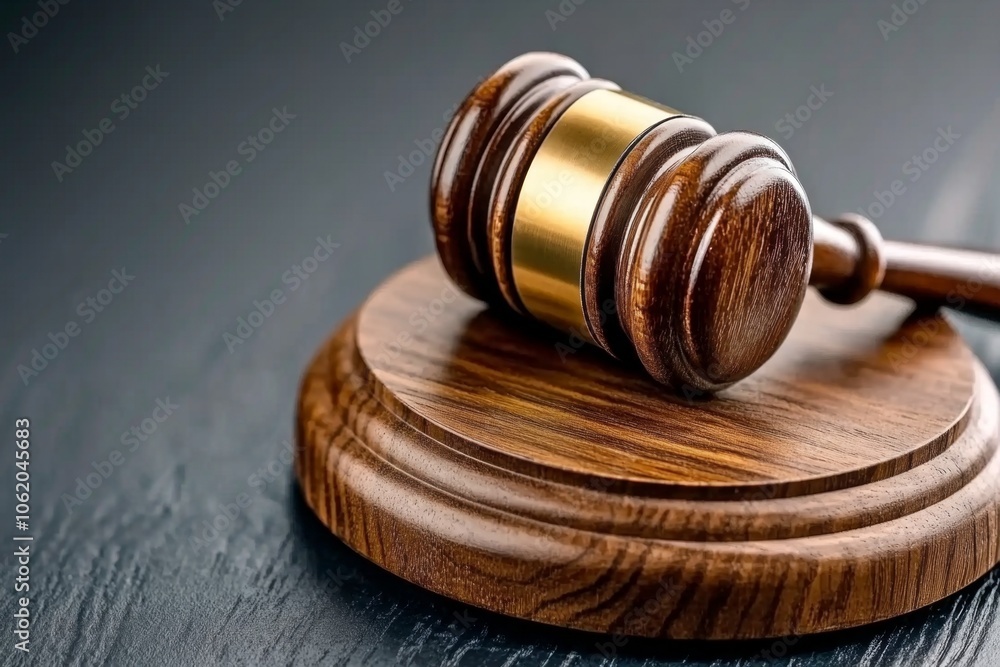 Close-up of a gavel on a wooden stand in a courtroom, capturing the iconic symbol of judicial authority and decision-making, symbolizing order and finality Close-up of a gavel on a wooden stand in a courtroom, capturing the iconic symbol of judicial authority and decision-making, symbolizing order and finality