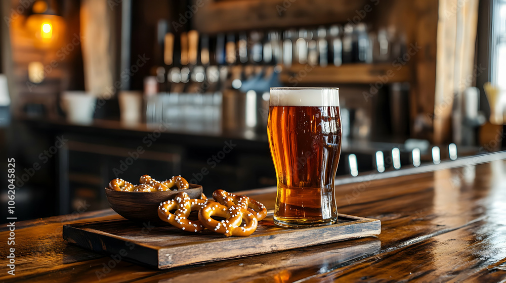 A pint of beer with a frothy head placed on a modern wooden bar, accompanied by a bowl of salty pretzels in a pub-style setting. A pint of beer with a frothy head placed on a modern wooden bar, accompanied by a bowl of salty pretzels in a pub-style setting.