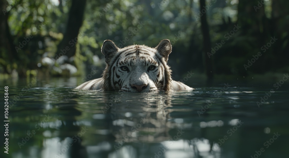 White Tiger Staring Intently at Dark Jungle River - Powerful Wildlife Close-Up of Endangered Bengal Tiger in its Natural Habitat White Tiger Staring Intently at Dark Jungle River - Powerful Wildlife Close-Up of Endangered Bengal Tiger in its Natural Habitat