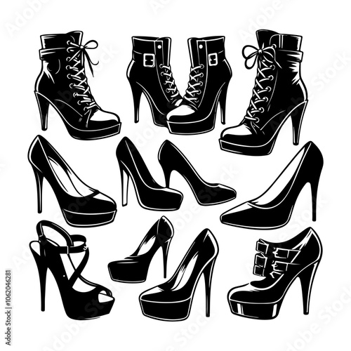 Ladies shoes Set silhouette vector, Shoes icon illustration, Women shoes silhouette fashion on a white background