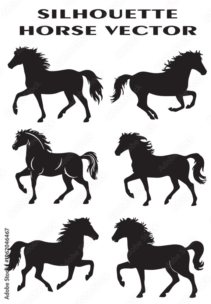 Six Black Horse Silhouettes in Various Poses Six Black Horse Silhouettes in Various Poses