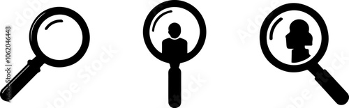 Three magnifying glasses with a person in the middle. The person is looking at the other two magnifying glasses