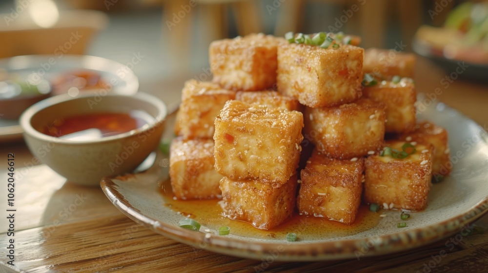 Closeup shot of a plate of crispy fried tofu cubes served with a spicy soy based dipping sauce garnished with chopped green onions Closeup shot of a plate of crispy fried tofu cubes served with a spicy soy based dipping sauce garnished with chopped green onions