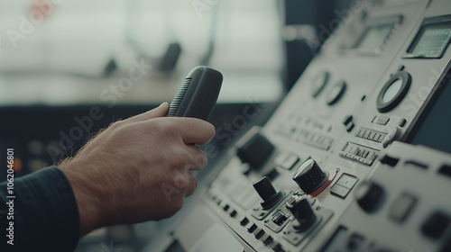 Deck Officer Coordinating with Crew Using Radio and Nautical Instruments