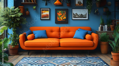 Orange Sofa in Blue Room with Plants and Artwork - 3D Illustration