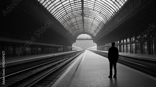 A person standing in a empty train station, looking towards the empty tracks, symbolizing waiting and hope for new journey.