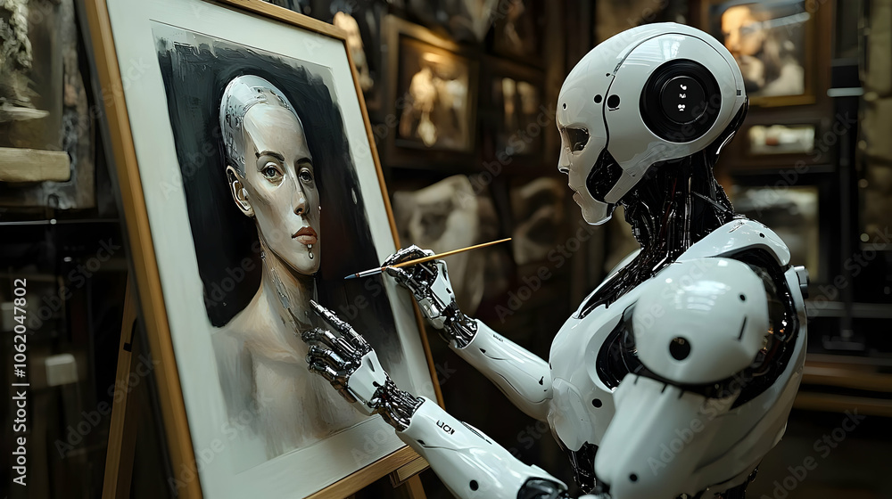 Fototapeta premium Robot Painting Portrait - Digital Illustration