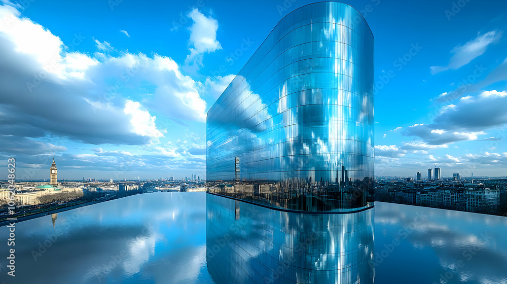 Fototapeta premium Modern Glass Building with Pool Reflection - Cityscape Illustration