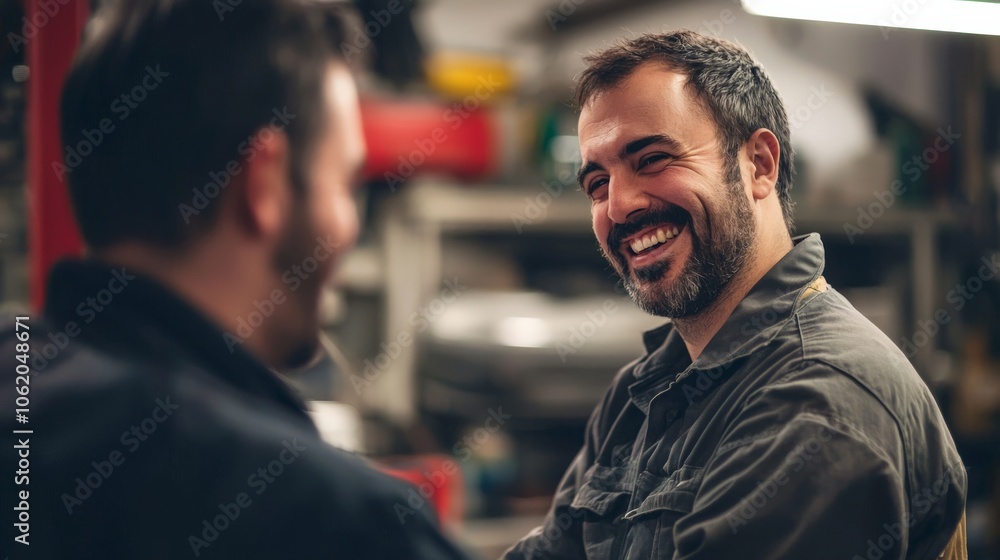 Mechanics sharing a laugh in the garage, enjoying their work Mechanics sharing a laugh in the garage, enjoying their work