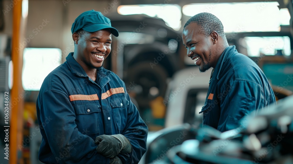 Mechanics sharing a laugh in the garage, enjoying their work Mechanics sharing a laugh in the garage, enjoying their work