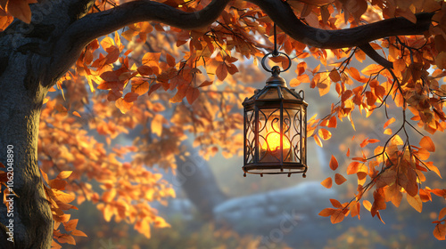 A flickering lantern hanging from a tree branch, casting a warm glow over the autumn leaves below