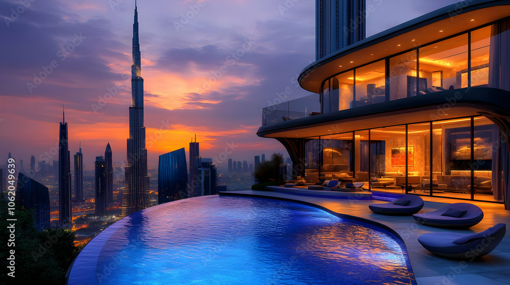 Obraz premium Luxury Penthouse Rooftop Pool with City Skyline View - 3D Illustration