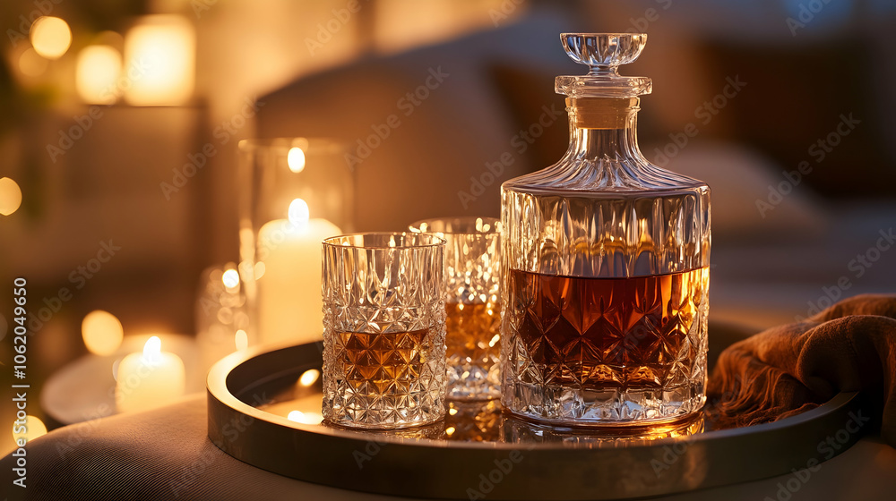 A crystal whiskey decanter and tumblers arranged on a reflective tray, surrounded by soft glowing candles, creating an atmosphere of warmth and sophistication. A crystal whiskey decanter and tumblers arranged on a reflective tray, surrounded by soft glowing candles, creating an atmosphere of warmth and sophistication.