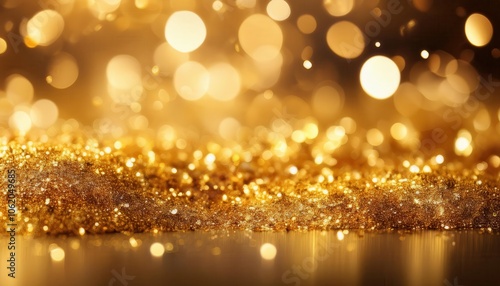 Radiant Golden Glitter Bokeh Background with Sparkling Light Bursts. Perfect for Holiday Celebration Themes, New Year Event Design, Festive Invitations, and Luxury Advertising Concepts