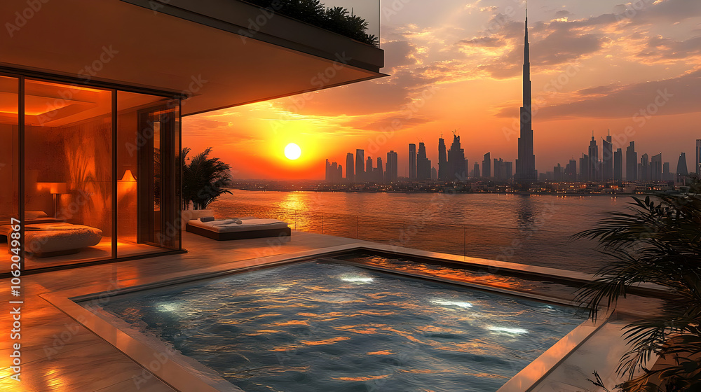 Obraz premium Rooftop Pool with City Skyline Sunset View - Illustration