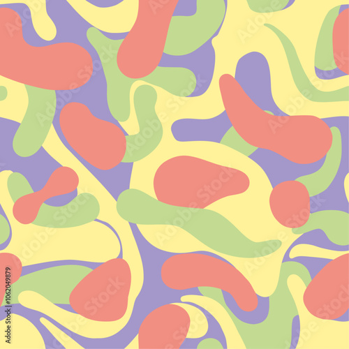 Abstract vector pattern, layered organic shapes, pastel colors. Illustration in warm tones of pink, yellow, orange, violet, olive green. Illustration for textile, wallpaper, wrapping paper