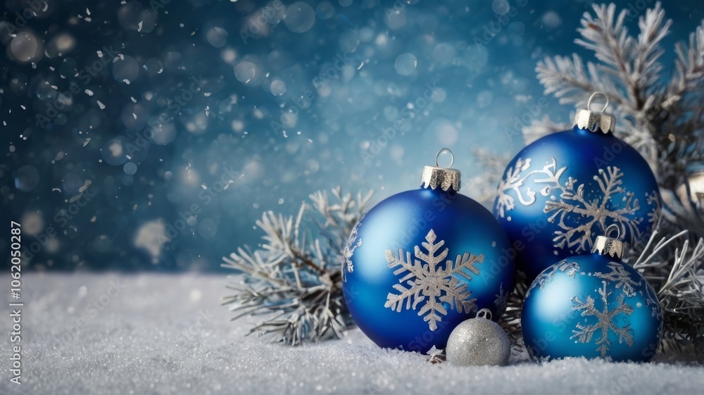 Blue christmas balls resting on snow with fir branches and falling snowflakes Blue christmas balls resting on snow with fir branches and falling snowflakes