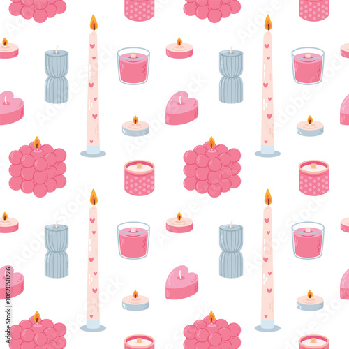 Various romantic Candles. Different shapes and sizes. Pillar, jar candle, square, container candle, heart shaped. Decorative wax candles for relax and spa. Candle snuffer. Seamless pattern