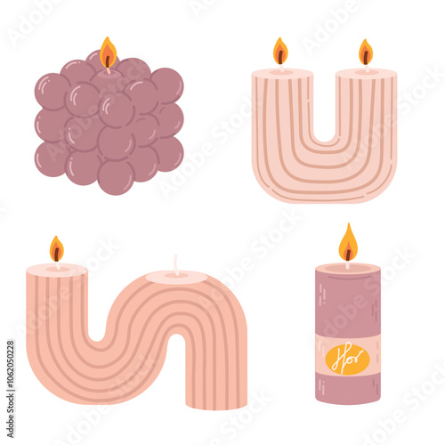 Various Candles. Different shapes and sizes. Pillar, jar candle, square, container candle, heart shaped. Decorative wax candles for relax and spa. Candle snuffer. Vector set