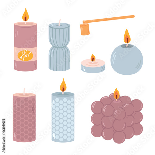 Various Candles. Different shapes and sizes. Pillar, jar candle, square, container candle. Decorative wax candles for relax and spa. Candle snuffer. Vector set