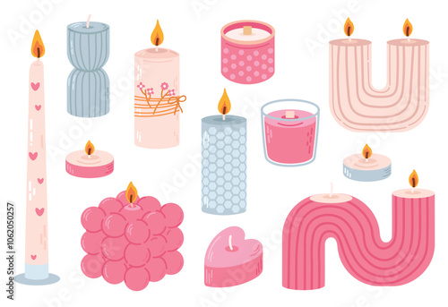 Various romantic Candles. Different shapes and sizes. Pillar, jar candle, square, container candle, heart shaped. Decorative wax candles for relax and spa. Vector set