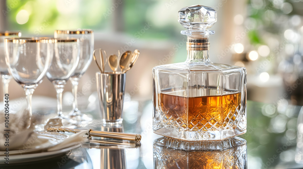 A crystal whiskey decanter filled with amber liquid, styled elegantly on a reflective surface alongside matching glassware and cocktail tools. The background features a lush green garden blurred into A crystal whiskey decanter filled with amber liquid, styled elegantly on a reflective surface alongside matching glassware and cocktail tools. The background features a lush green garden blurred into