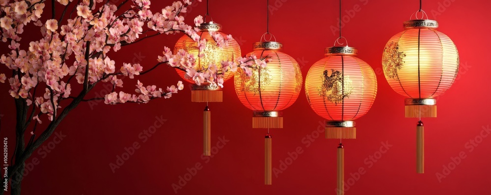 Four traditional red lanterns hanging against a vibrant red background, adorned with delicate floral branches, creating a festive and enchanting atmosphere. Four traditional red lanterns hanging against a vibrant red background, adorned with delicate floral branches, creating a festive and enchanting atmosphere.