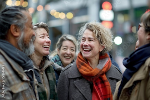 Group of happy senior friends walking in the street, laughing and smiling.