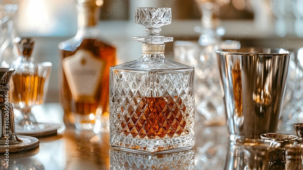 A crystal decanter filled with amber-colored whiskey, surrounded by other glassware on a polished wooden surface in a refined setting. A crystal decanter filled with amber-colored whiskey, surrounded by other glassware on a polished wooden surface in a refined setting.