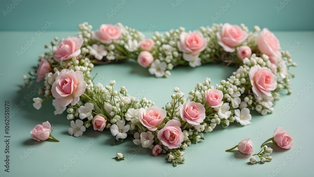 Decorative Heart-Shaped Floral Arrangement Featuring Soft Pink Roses and White Blooms on a Teal Background Decorative Heart-Shaped Floral Arrangement Featuring Soft Pink Roses and White Blooms on a Teal Background