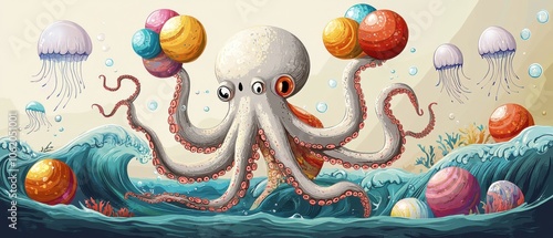 Whimsical Underwater Scene: Octopus Holds Candy Eggs in Ocean Paradise photo