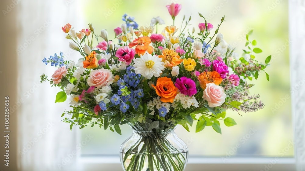 Obraz premium A vibrant bouquet of colorful flowers in a clear vase, set against a bright, softly lit background, showcasing nature's beauty.