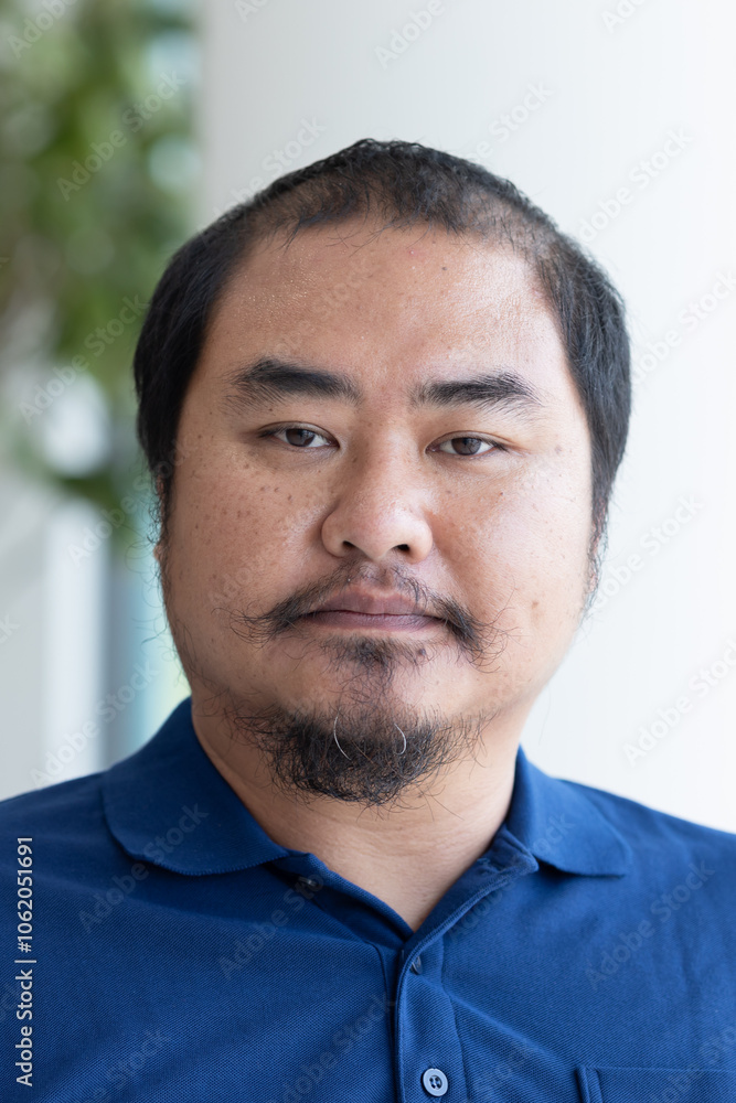 Fototapeta premium Face portrait of middel aged, plus-sized Asian man, with a bit of hair loss as a sign of aging