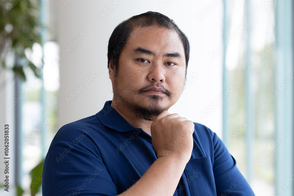 Portrait of pensive, thoughtful middel aged Asian man thinking, planning, finding a good idea Portrait of pensive, thoughtful middel aged Asian man thinking, planning, finding a good idea