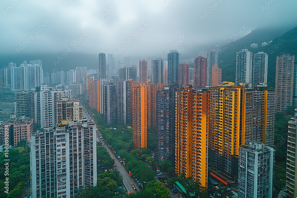 Obraz premium Aerial drone view of a cityscape with towering skyscrapers, capturing the modern urban landscape and vibrant city life from above.