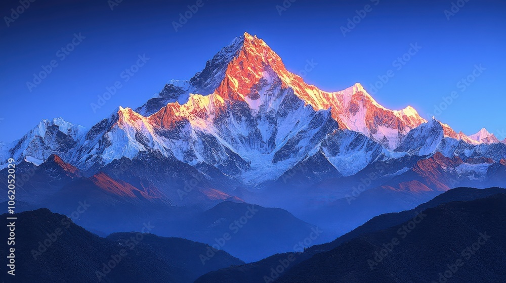 A majestic mountain peak illuminated by sunlight against a clear blue sky. A majestic mountain peak illuminated by sunlight against a clear blue sky.