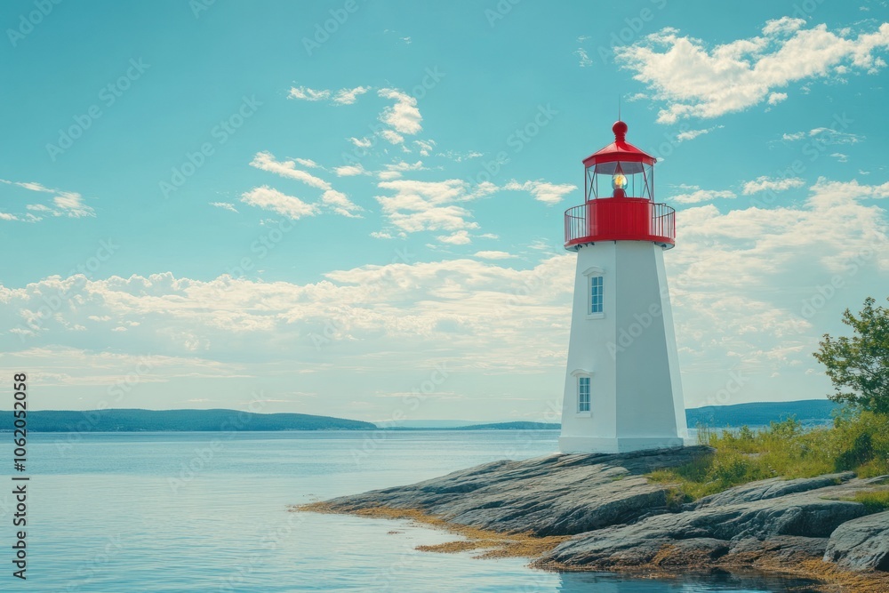 Serene Lighthouse by Calm Waters Under Blue Sky Serene Lighthouse by Calm Waters Under Blue Sky