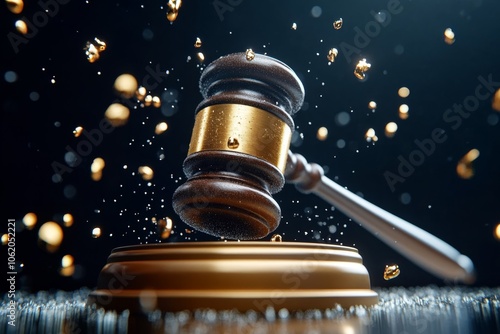 Hyper-realistic close-up of a judgeâ€™s gavel striking, capturing the detailed and authoritative nature of judicial actions, symbolizing finality and precision