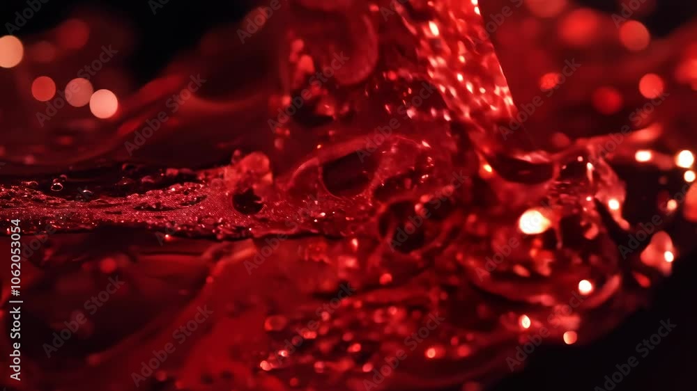Dynamic drops of red glitter in black oil or ink diffusing through liquid, creating an abstract aquatic swirls Dynamic drops of red glitter in black oil or ink diffusing through liquid, creating an abstract aquatic swirls