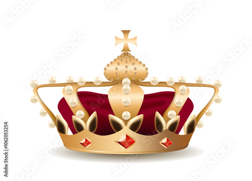 Luxurious Golden Royal Crown Featuring Jewels And Pearls Isolated On White Background, Realistic 3d Vector Illustration