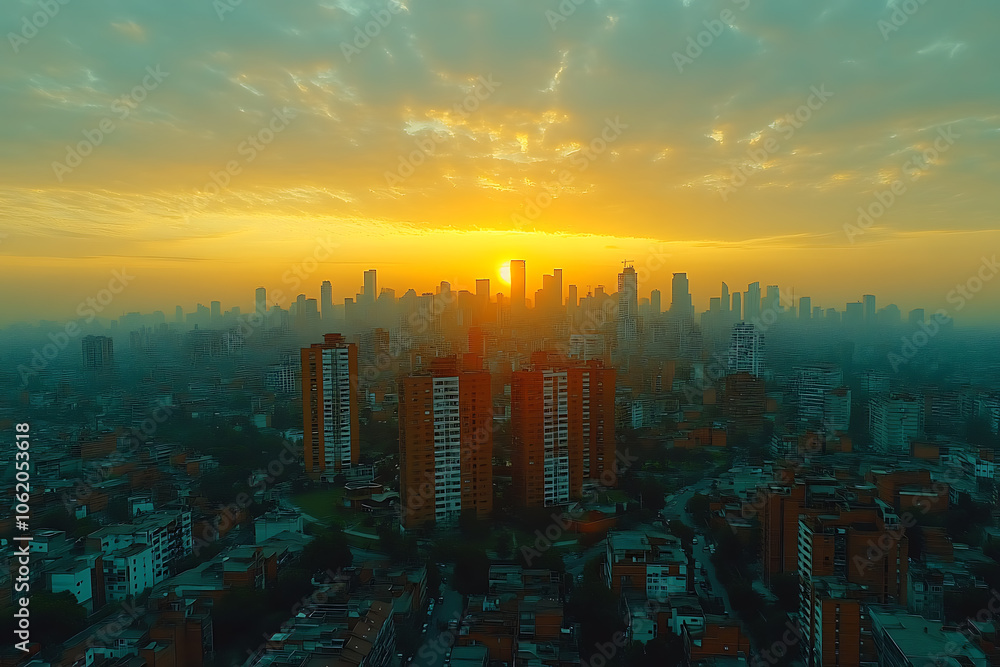 Fototapeta premium Aerial drone view of a cityscape with towering skyscrapers, capturing the modern urban landscape and vibrant city life from above. 