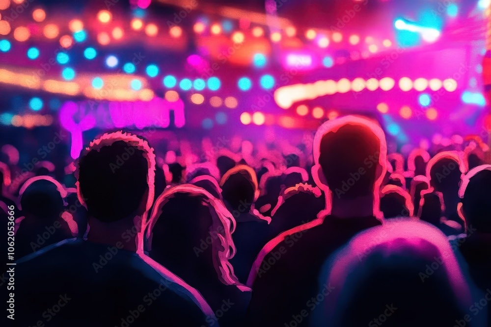 A vibrant crowd stands together in front of a stage illuminated by colorful lights, creating an energetic atmosphere full of anticipation and excitement. A vibrant crowd stands together in front of a stage illuminated by colorful lights, creating an energetic atmosphere full of anticipation and excitement.