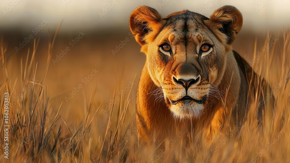 Fototapeta A close-up of a lioness in golden grass, showcasing her intense gaze and majestic presence in the wild.