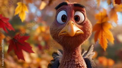 A cartoon turkey with a worried expression, surrounded by autumn leaves.