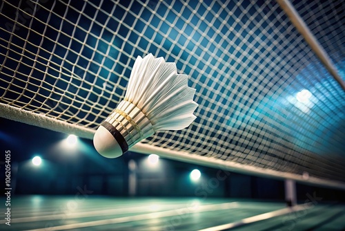 Badminton shuttlecock floating near net photo